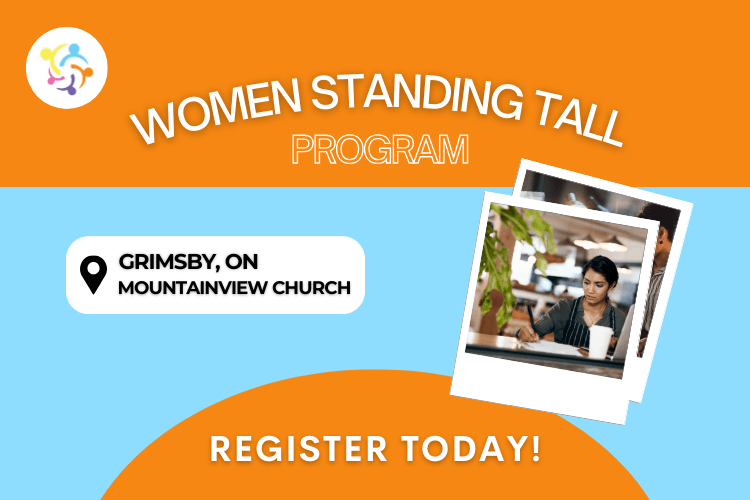 Women Standing Tall Program banner with two photos of women working and text saying "register today!"